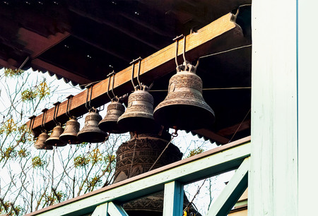 Big and little church bells. Kiev, Ukraine. Copy space, closeup.
