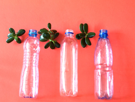 Empty plastic bottles for recycling on coral background. Close-up, copy space