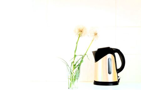 Metal teapot and dandelion inflorescences on a white background.Close-up,copy spaceの写真素材