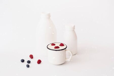 Natural yogurt with berries. The concept of organic products.の写真素材