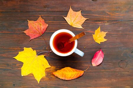 Cup with tea and bright orange leaves on wooden background.Autumn decor. Close-up, copy space