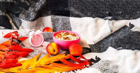 Healthy breakfast time. Oatmeal in pink bowl on check plaid. Close-upの写真素材