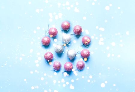 Christmas decorations on blue background. Festive background for decoration or projects. Copy space, close-upの写真素材