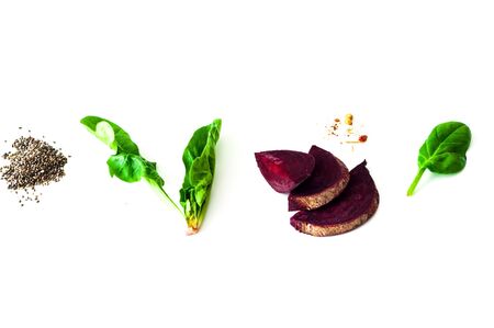 Food design with culinary ingredients on white isolated background. Health-conscious diet. Close-up, copy spaceの写真素材