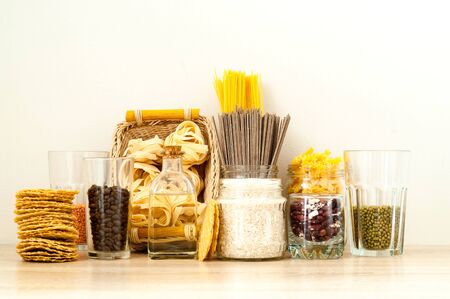 Glass jars with Food supplies. Crisis food stock for quarantine.Sustainable health. Close-up, copy spaceの写真素材