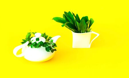 White ceramic teapot and cup with ecological plants on yellow background. The concept of healthy drink. Hello Summer. Close-up, creative copy spaceの写真素材