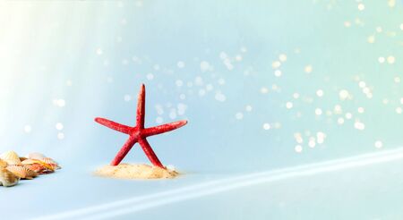 Red starfish in the sand on blue background. Summer time or hello summer. Creative copy space, close-upの写真素材