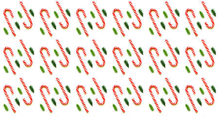 Christmas or New Year pattern of caramel cane and fir branches. Design for wrapping paper for gifts.