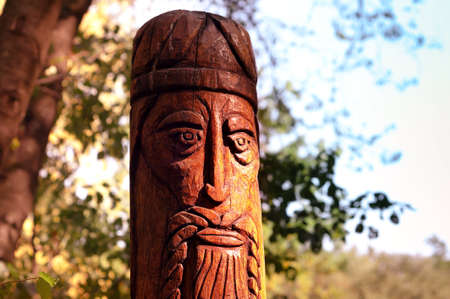 This is a documentary image of wooden idol of the Slavic god carved on, September 2020, Ukraine,...