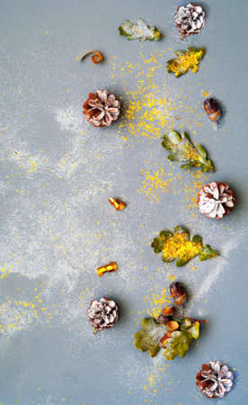 Festive gray background with sparkles. Christmas decorative cones and oak leaves. Creative copy...