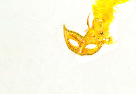 Golden mask on snowy texture. Festive background or Homemade Christmas. Minimal composition. Creative copy space. .の写真素材