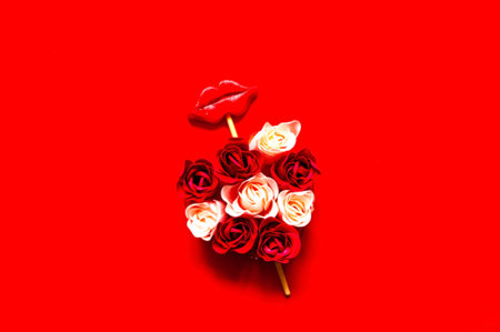 Creative layout with rosebuds and with lips on stick. Valentine day concept or World Kiss Day. Festive red background.Flat lay, copy space.の写真素材
