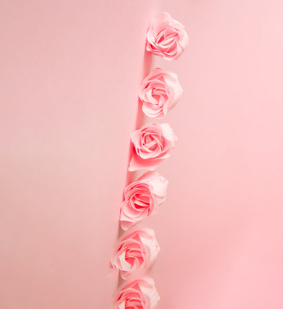 Festive concept from rosebuds on pink background. Valentines Day or Flowers in Motion. Healing colors of nature. Close-up, creative copy spaceの写真素材