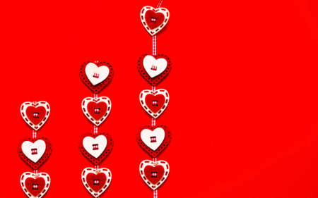 Festive red background. Creative layout with hearts. Valentine day concept or World Kiss Day....