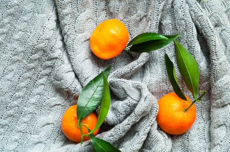 Tangerines with green leaves on a gray texture. The trendy color of 2021. Creative copy space for positive mood.の写真素材