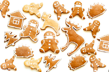 Pattern of gingerbread cookies on a white background. Christmas mood or food design. Creative copy space. Close-upの写真素材