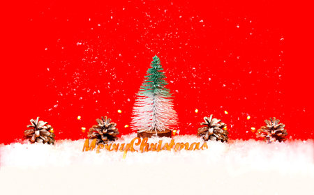 Christmas tree toy of fir tree and pine cones on red background. Christmas greeting card with place...