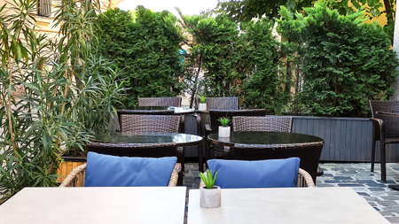 Cozy street cafe. Living green space concept. Close-upの写真素材