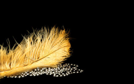 Yellow ostrich feathers on dark background with silver beads. Mardi Gras concept. Festive background for projects. Close-upの写真素材