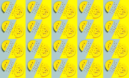 Slices of yellow watermelon pattern on gray and yellow background. Summer Color Trends 2022,...
