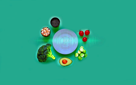 Empty plate with hologram and Ingredients for proper nutrition on green background. The concept of...