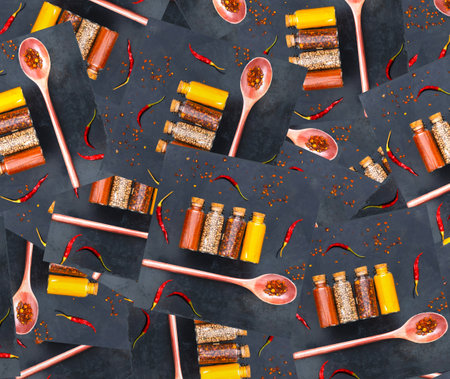 Pattern from Spices in glass containers and wooden spoon on dark background. Wrapping paper or fabric design. Atmospheric mood. Close-upの写真素材