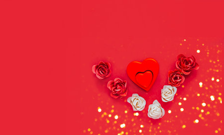 Red heart with rose flowers for Valentines Day on red background with sparkles. Trendy Color of Year...