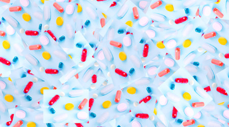 Pattern of pills and capsules on a blue background. Concept for wrapping paper design or fabric design. Bold hues for seasonal projects and basis designs.の写真素材