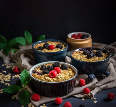 Baked oatmeal or Baked Oats with berries on dark background. Close-up. Generative AI contentの素材