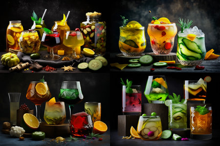 Collage of alcoholic and non-alcoholic drinks with the addition of marinade. Close-up. Generative AI contentの素材