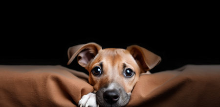 Homeless dog in blanket on city street. World day of homeless animals. Banner. Generative Ai content.の素材