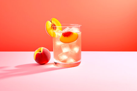 Bright, modern and cocktail of peach spritzer on red background in color Luscious Red. Copy space. Close-up. Generative Ai contentの素材