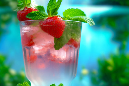 Fresh strawberry cocktail in glass with mint on background in color lime green. Close-up. Copy space. Generative Ai contentの素材