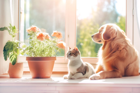 Dog and cat as best friends on the windowsill looking out window together among indoor plants. Lifestyle with pets at home. Generative Ai contentの素材