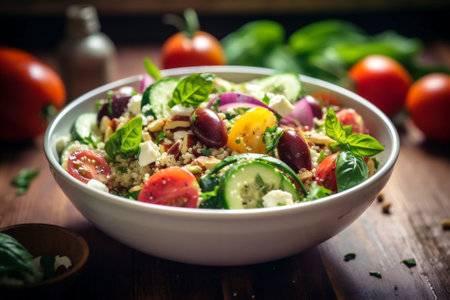 Bowl of Mediterranean quinoa salad , Roasted Tomatoes,sliced Persian cucumbers and feta cheese on wooden background. Generative Ai contentの素材