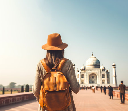 Young girl with backpack in hat stands with her back and looks at Taj Mahal, India. Travel Adventures. Close-up. Generative AI contentの素材