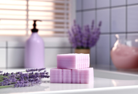 Handmade organic lavender soap in a trendy bathroom with beautiful light. Trendy design. Generative Ai content.の素材