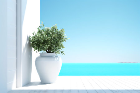 Blue planter near the doorway beside overlooking the sea. Oriental minimalism. Summer vacation or vacation. Generative Ai contentの素材
