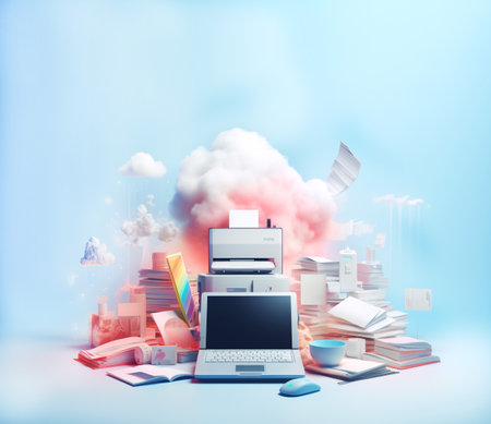 Laptop, Printer and office stationery in mess against the backdrop of pink smoke. Surreal abstract technology in pink and blue colors. Overwhelmed with work, work burnout. Generative Ai content.の素材