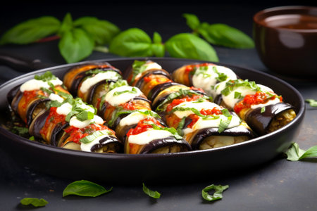 Eggplant Rollatini, slices rolled around ricotta filling in ceramic baking dish. Eggplant season. Close-up. Generative Ai content.の素材