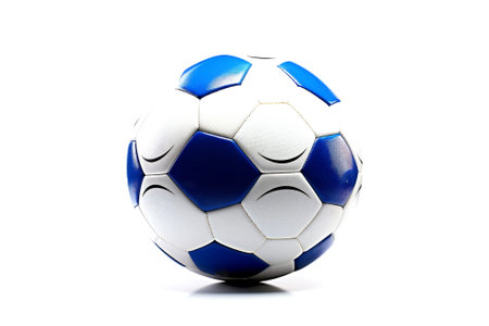 Soccer ball in three colors, black, white and blue on white isolated background. Close-up. Australian women football match 2023 design. Generative Ai content.の素材