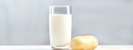 Vegan potato milk from potato in glass on gray background. Generative AI content.の素材