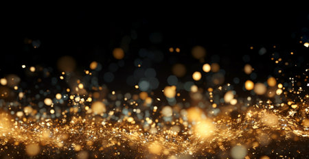 Dark background with sparkling gold holiday garland, magic dust. Gold Abstract Glitter Blinking sparkles. Generative Ai contentの素材