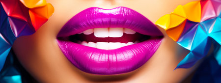 Beautiful young woman's lips closeup, purple color. Glance Fashion art, art design. Generative Ai content.の素材