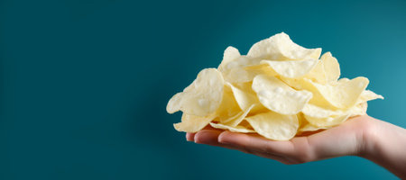 Cottage Cheese chips. Female hand holding cottage cheese chips on green background. Low fat product for healthy food and diet. Generative AI contentの素材