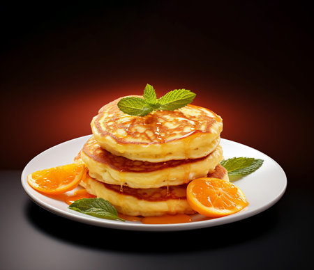 Cottage Cheese pancakes with orange slices on white plate on dark background. Low fat product for healthy food and diet. Generative AI content.の素材