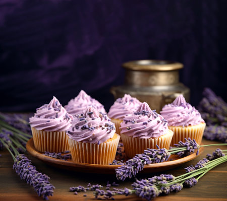 Lavender cupcakes with lavender. Lavender for spices in cooking adding floral and fragrant taste. Generative Ai contentの素材