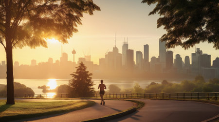Girl on morning run in the city park. Urban park with joggers and skyline painted in warm morning hues, Inspirational fitness. Banner. Generative AI.の素材