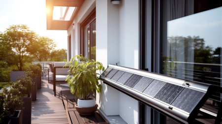 Solar water heater on residential balcony. Cozy balcony setup with outdoor furniture, potted plants. Solar energy integrated into everyday life. Conscious use of resources. Banner. Generative Aiの素材