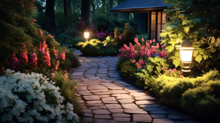 Solar-powered outdoor lighting illuminating a garden pathway, lush garden with flowers and plants. Solar-powered lighting. Integration of solar technology. Banner. Generative Ai content.の素材